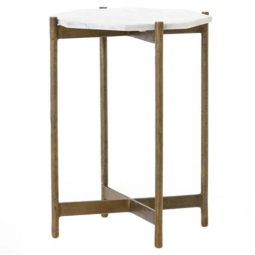 Zad Industrial Loft White Marble Top Brass Iron Octagonal Side Table | Kathy Kuo Home
