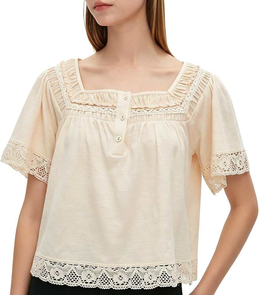 Womens Lace Trim Crop Tee Short Sleeve Tops 2026 Summer Button Down Shirts Dressy Casual Vacation... | Amazon (US)