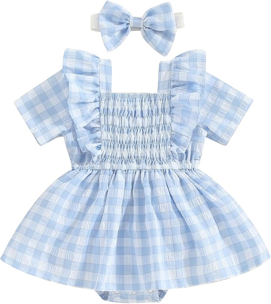 Infant Toddler Baby Girl Summer Clothes Short Sleeve Plaid Romper Jumpsuit Dress One Piece Bodysu... | Amazon (US)