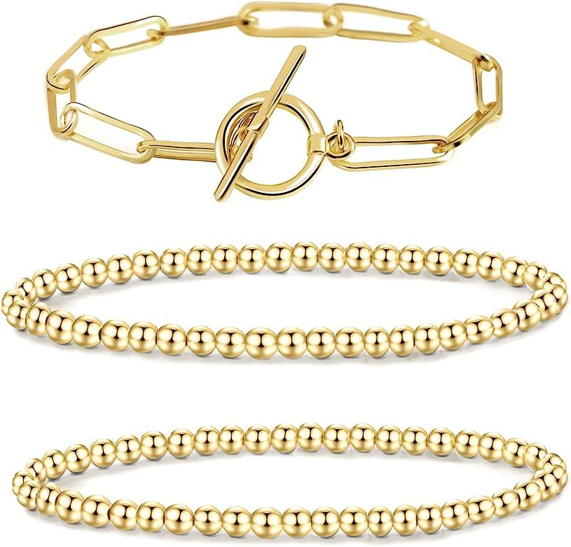 Amazon.com: MOROTOLE 5 Pcs 14K Gold Plated Bead Ball Bracelet – Gold Beaded Bracelets for Women... | Amazon (US)