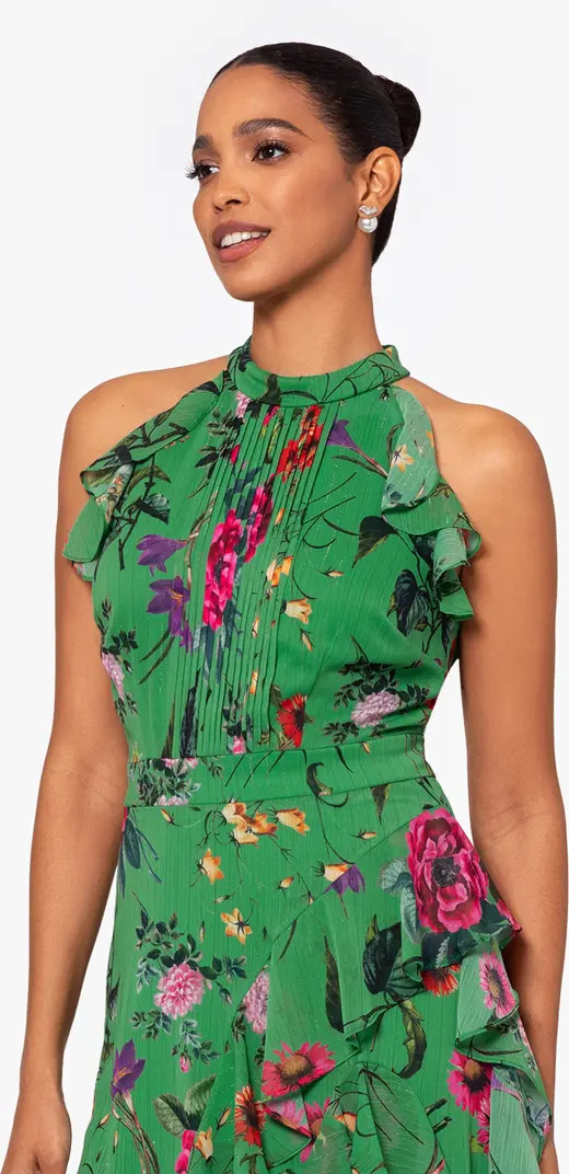 Betsy & Adam Floral Print Metallic Ruffle Chiffon Gown | Nordstrom | Nordstrom