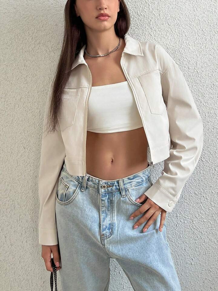 Flirla Zip Up Ombro Caído Jaqueta Crop | SHEIN