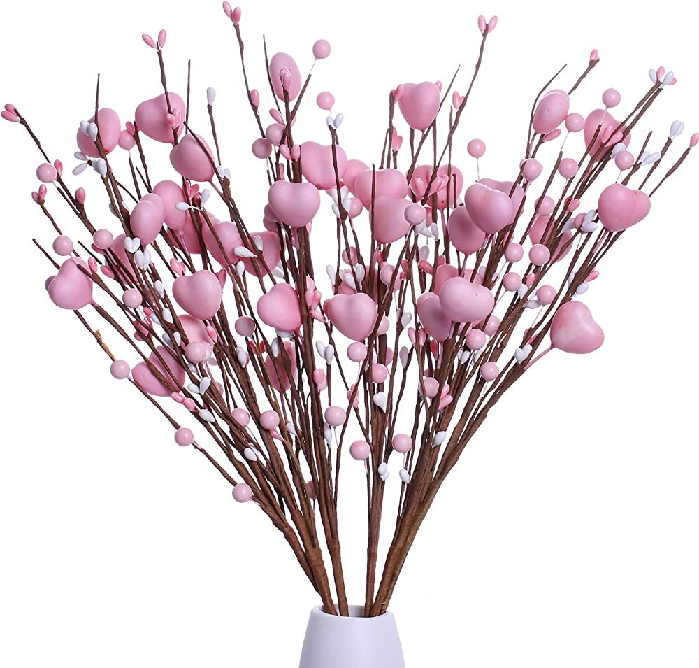 DIYFLORU 6 Pack Valentine’s Day Picks,17” Artificial Berry Stems with Pink Hearts for Valenti... | Amazon (US)