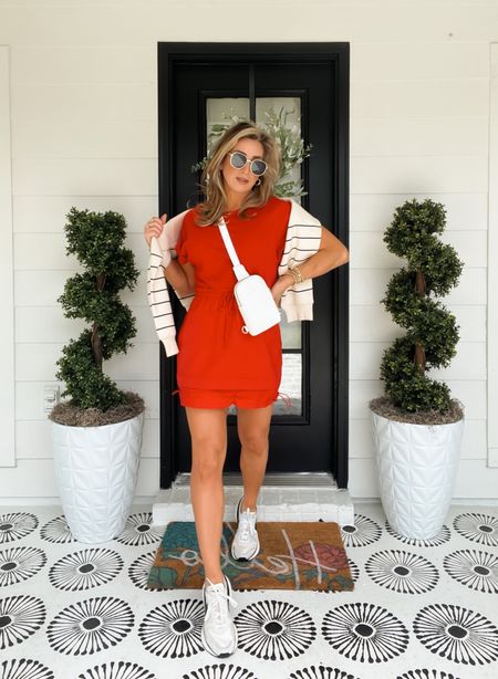 Red athletic dress, spring dress, spring dresses, atheleisure, weekend casual outfit, crossbody bag, striped sweatshirt, nike waffle sneakers, Anthropologie, sunnies, sunglasses

#LTKfitness #LTKstyletip #LTKfindsunder100