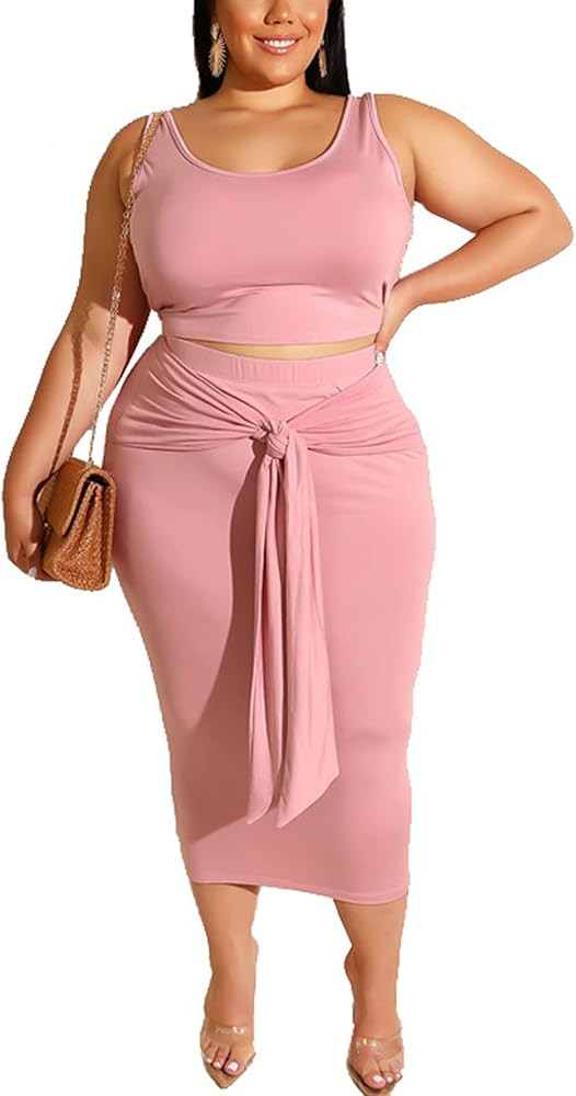 MRSFITOK Plus Size Women 2 Piece Outfits Sets Sexy Tracksuit Midi Dress,Sleeveless Tank Top Bodyc... | Amazon (US)