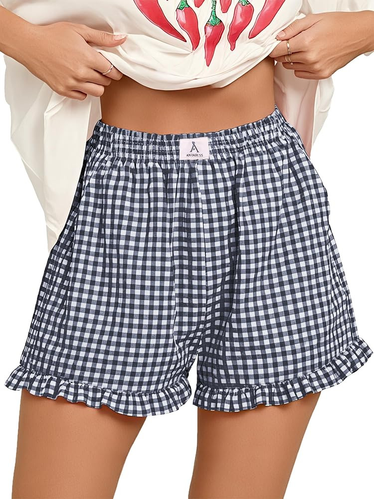 ANRABESS Womens Ruffle Boxer Shorts Pajama Gingham Shorts Summer Casual Lounge Sleep Plaid Beach ... | Amazon (US)
