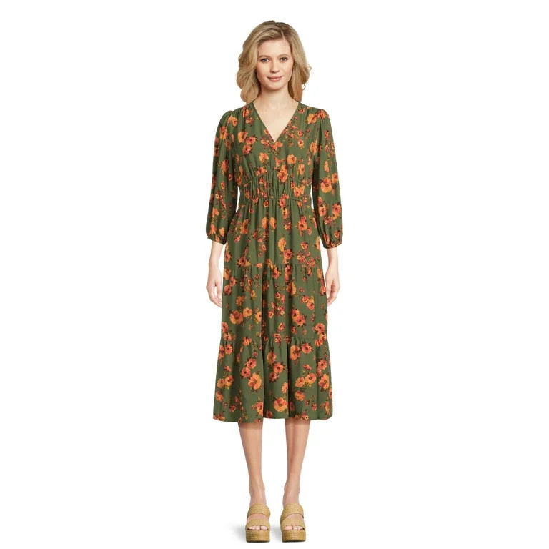 Time and Tru Women’s 3/4 Sleeve Midi Dress, Sizes XS-XXXL | Walmart (US)