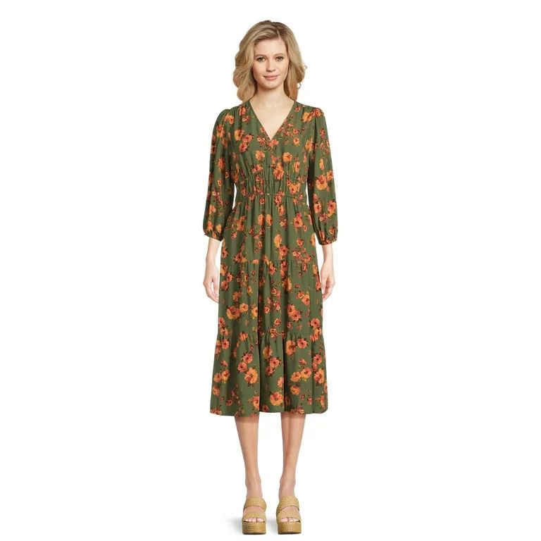 Time and Tru Women’s 3/4 Sleeve Midi Dress, Sizes XS-XXXL - Walmart.com | Walmart (US)