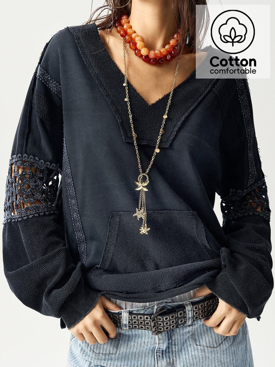 Bohemela Casual Boho Knit Patchwork Half-Zip Loose Washed Women Sweatshirt Vacation Black Autumn | SHEIN