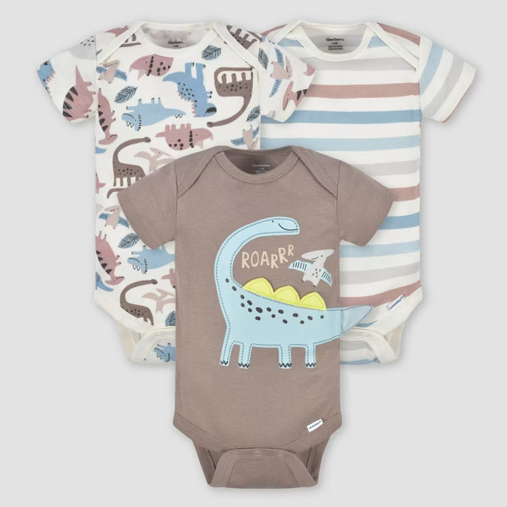 Gerber Baby 3pk Dino Short Sleeve Onesies - White/Brown | Target