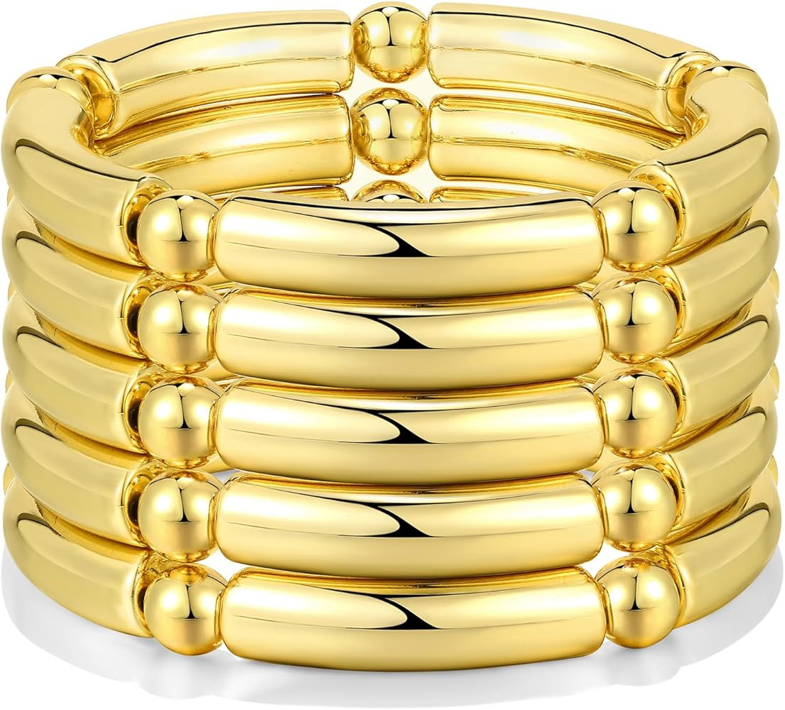 Gold Chunky Bangles Bracelets For Women 14k Gold Plated Stack Layered Curved Bamboo Tube Stretch ... | Amazon (US)