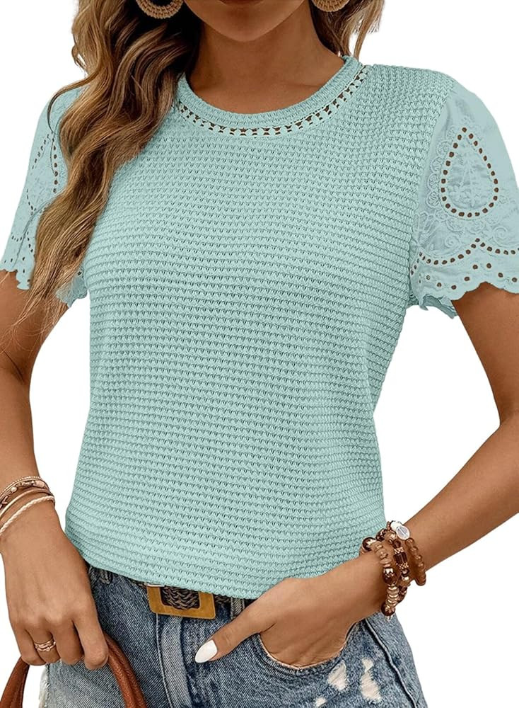SHEWIN Womens Frenchy Summer Tops Crewneck Short Sleeve T Shirts Casual Waffle Knit Jacquard Blou... | Amazon (US)