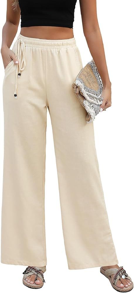 AFFA Linen Pants for Women Wide Leg High Waist Drawstring Pant Womens Casual Loose Flowy Long Pal... | Amazon (CA)