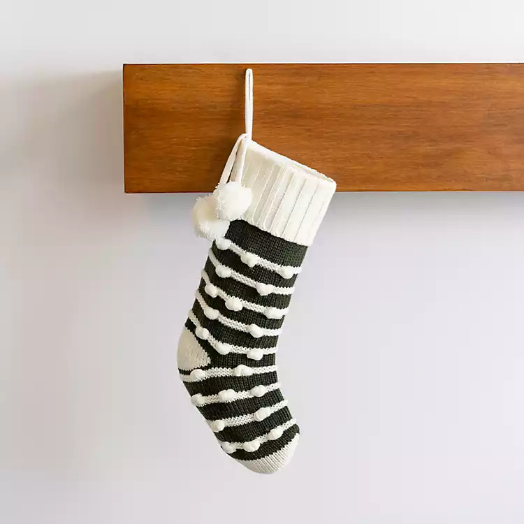 New! Green Knit Stripes Pom Pom Stocking | Kirkland's Home