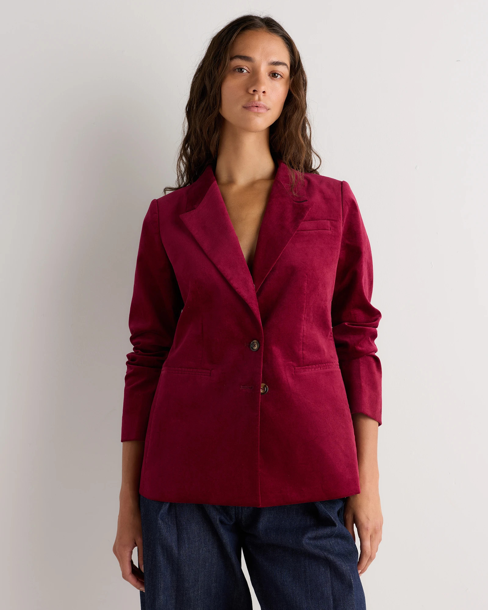 Quince | Women's Stretch Velvet Structured Blazer in Mulberry Red, Size Large, Organic Cotton | Quince