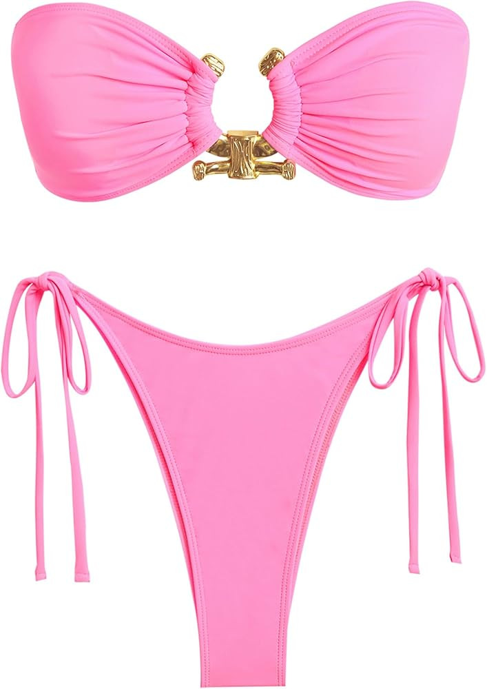ZAFUL Metal Ring Bandeau Bikini Set Tie Side Bathing Suit High Cut 2 Piece Swimsuit Cutout Swimwe... | Amazon (US)