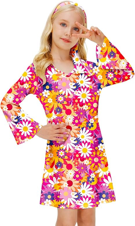 Deerose 60s 70s Girls Hippie Costume with Headband Groovy Floral Printed Dress 5-14 Years | Amazon (US)
