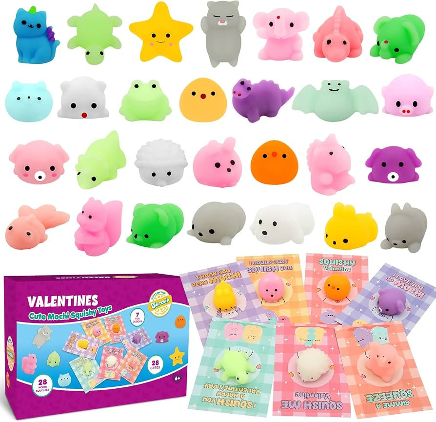 28 Pack Valentines Day Gifts for Kids, Mochi Squishies Party Favor Set with Valentines Greeting C... | Amazon (US)
