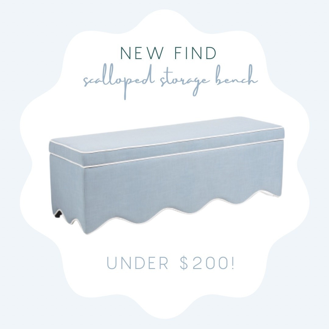Lillian August blue scalloped upholstered bench that opens for storage! Under $200!! Ships free with code SHIP89

Scalloped bench, upholstered bench, blue bench, window bench, entryway bench, bench for foot of bed, blue and white, coastal home, classic home decor 
