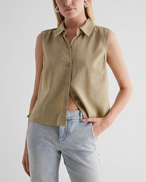 Linen-Blend Sleeveless Button Up Shirt | Express