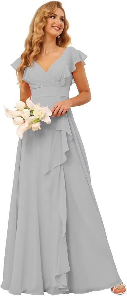 Long Chiffon Bridesmaid Dresses for Women V Neck Ruffled Split Long Formal Evening Dress CM176 | Amazon (US)