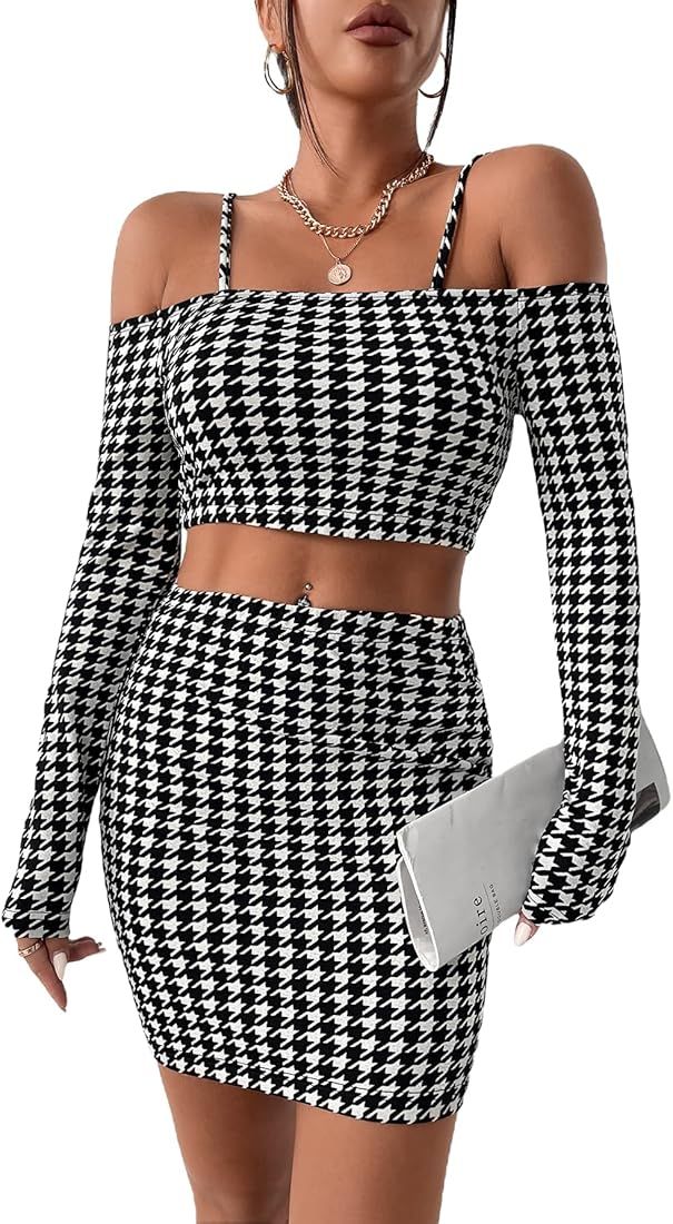 Milumia Women's Two Piece Outfits Houndstooth Print Cold Shoulder Crop Top and Mini Skirt Set | Amazon (US)