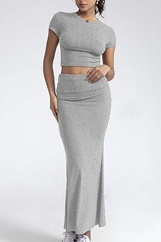CHYRII Womens Two Piece Sets Short Sleeve Crewneck Cropped Top Bodycon Fold Over Maxi Skirt Maxi ... | Amazon (US)