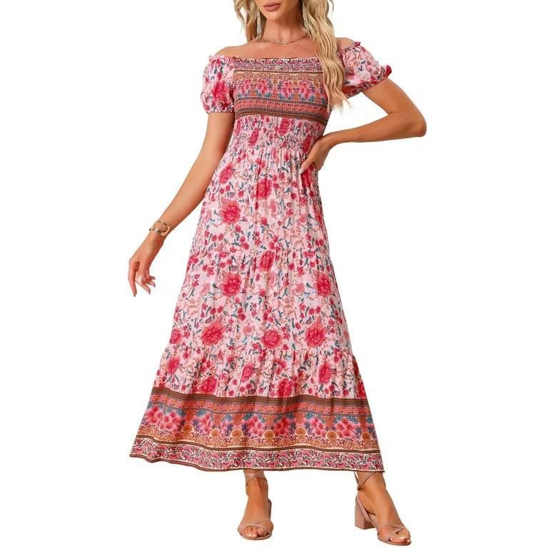 Allegra K Boho Floral Dress for Women's Square Neck Midi Smocked Dresses - Walmart.com | Walmart (US)