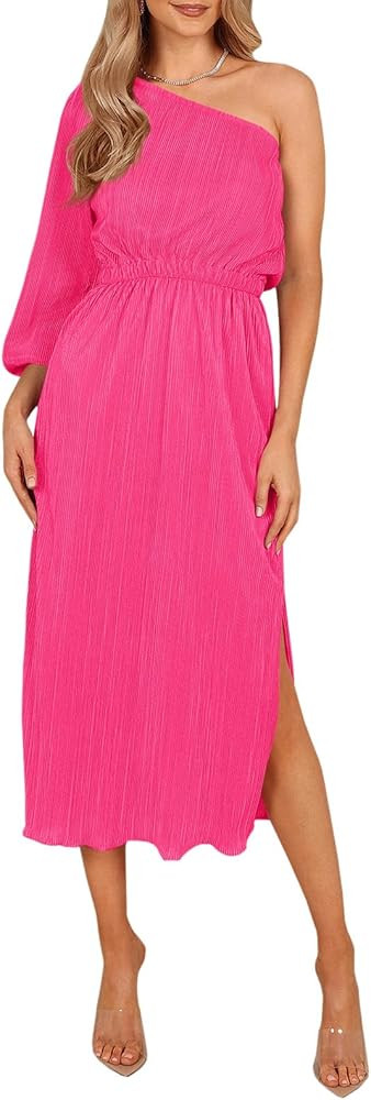 Wenrine Women's One Shoulder Midi Dress Long Sleeve Pleated High Waist Elegant Sexy Split Party D... | Amazon (US)