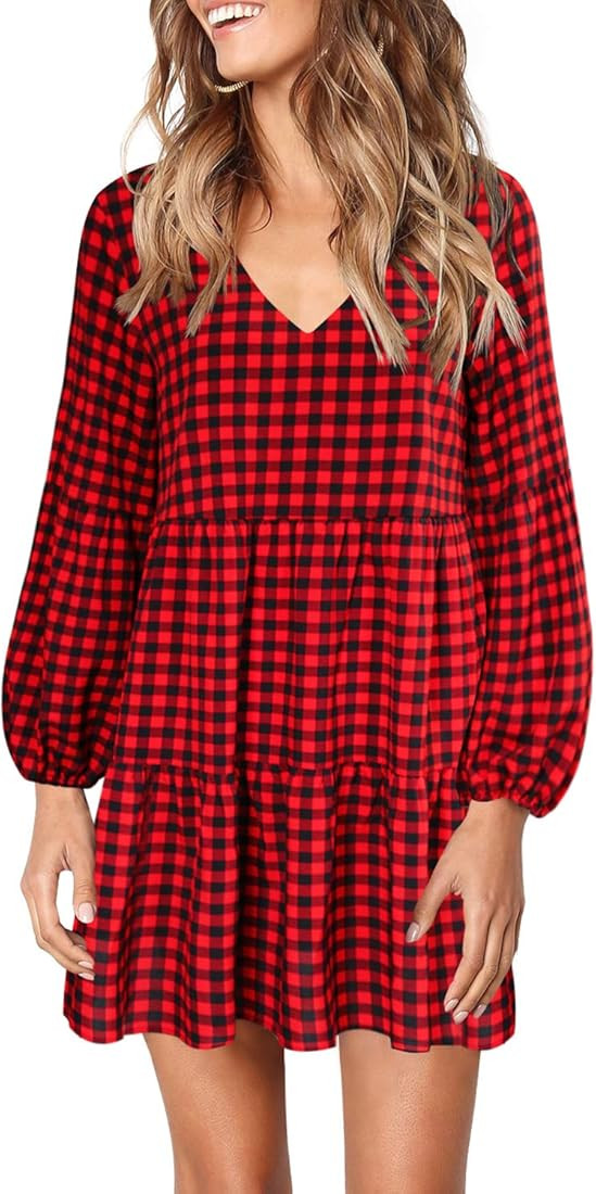 FOWSMON Women's Tunic Dress Cute Printed V Neck Long Sleeve Casual Swing Ruffle Dress | Amazon (US)