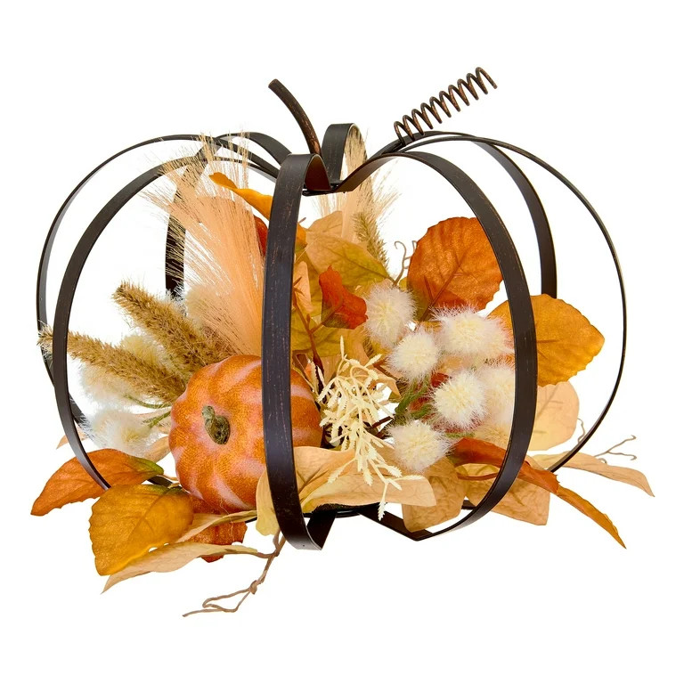 Calabaza de Metal con Decoración de Mesa con Follaje Otoñal, Naranja y Crema, 10,5", Cosecha de... | Walmart (US)