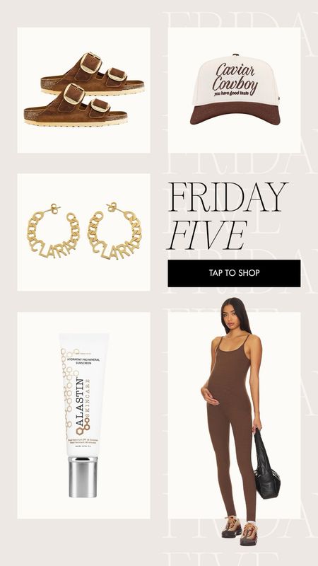 Friday five 🤎 always crushing on chocolate brown! Meant to share this last week but our vacation had me forget 🤭 so two of them today! 

Code is KAY15 for the name earrings! 

Bumpsuit, Alastin sunscreen, hoop earrings, Birkenstocks for spring 

#LTKfindsunder100 #LTKbeauty #LTKbump