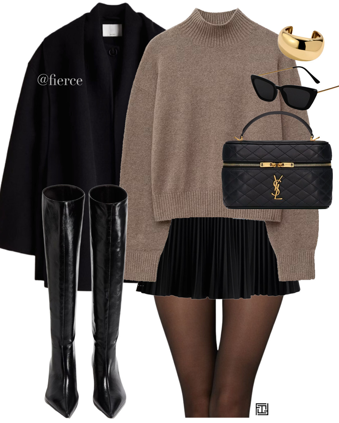 black mini skirt black scarf wool coat jacket black knee high boots beige mole taupe jumper ysl black vanity case bag chic outfit date night going out dinner ladies night girls night out evening look 

 #LTKautumn #LTKwinter #LTKdatenight