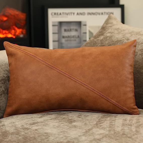 Snugtown Decorative Brown Faux Leather Throw Pillow Cover, Stitched Lumbar Pillow Case for Couch,... | Amazon (US)