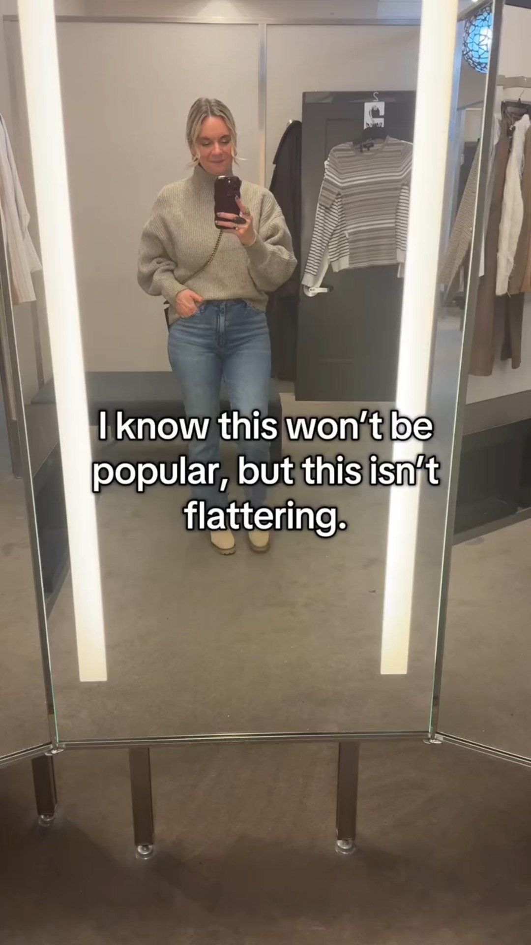 I know this feels counterintuitive — but longer, shapeless tops usually do the opposite of what you want them to do. 

Instead of skimming the body, they pull the eye straight across the widest part of the torso and remove all sense of shape. The result? The outfit feels heavier and less intentional. 

Flattering outfits aren’t about hiding. They’re about proportion, structure, and where things hit. 

This is one of the most common adjustments we make with clients — and one of the most freeing once you see the difference.