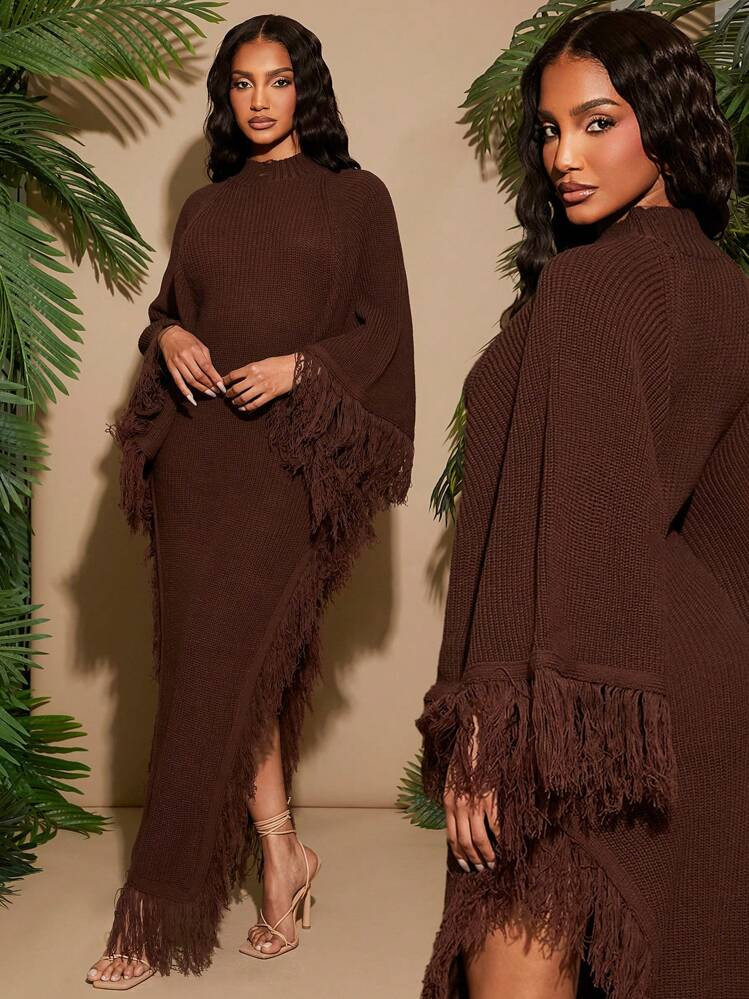 SHEIN SXY Hooded Turtleneck Form-Fitting Asymmetrical Personality Tassel Wide Sleeve Long Sweater Dress | SHEIN