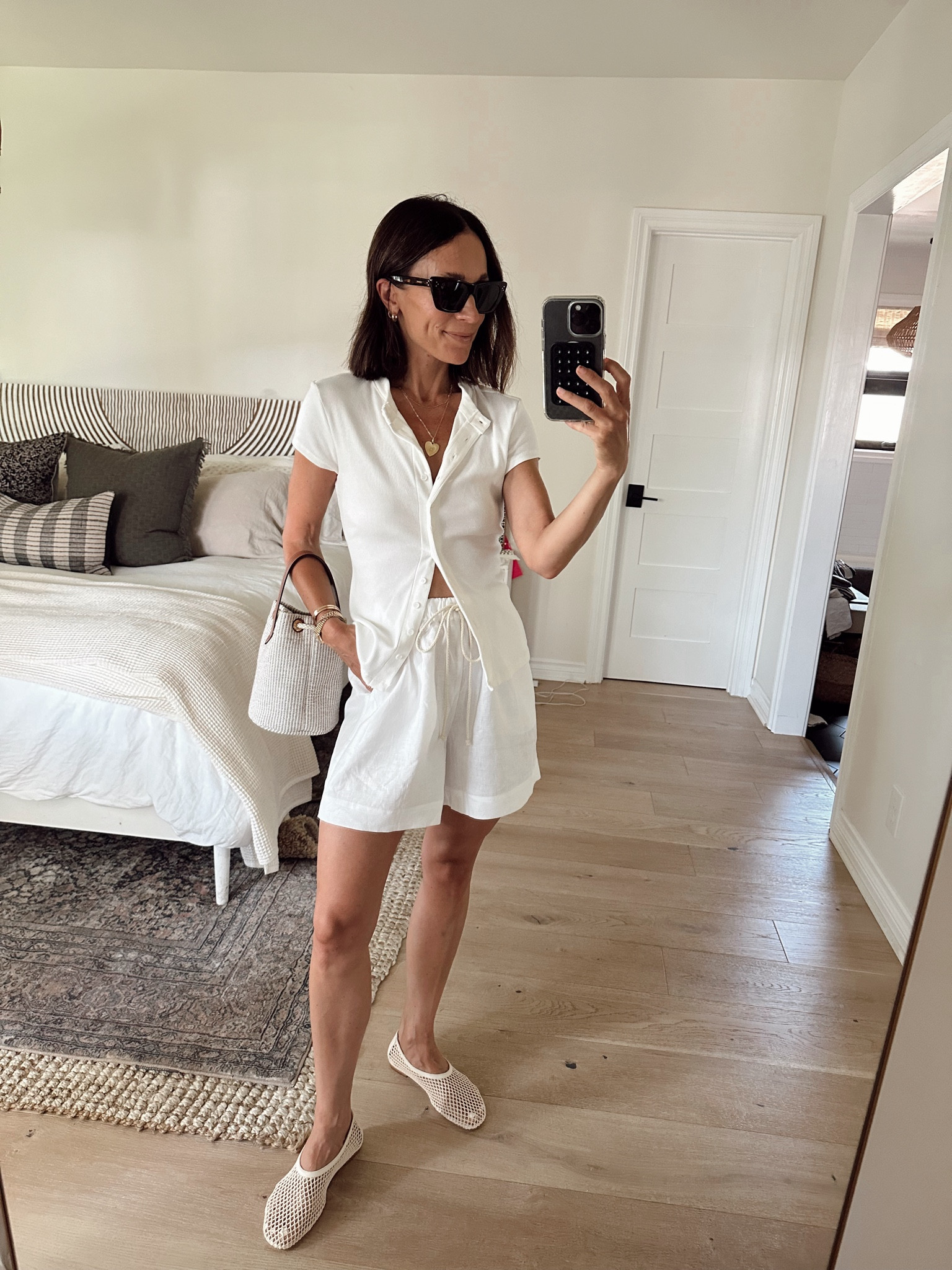 Today’s outfit a day date with the hubs 
Linen shorts- love how these are casually elevated with the drawstring and the length is so good
Ribbed polo is so comfortable and versatile- wearing my regular size, Xs 
Crochet ballet flats are true to size 