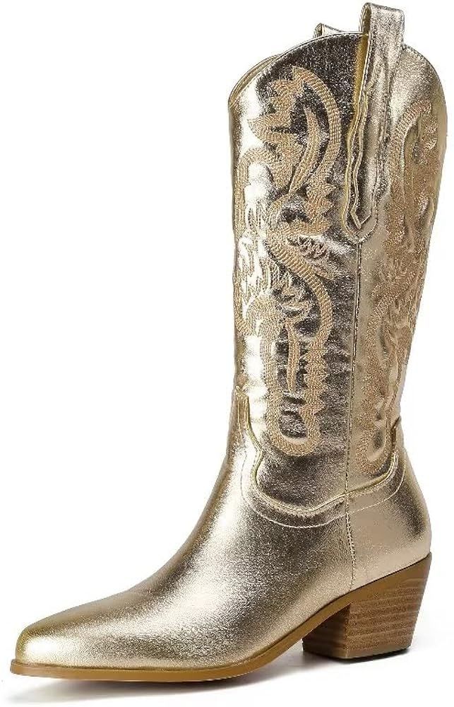 Women's Embroidered Western Cowboy Boots Mid Tube Pointed Toe Chunky Heel Shiny Vintage Fashion K... | Amazon (US)