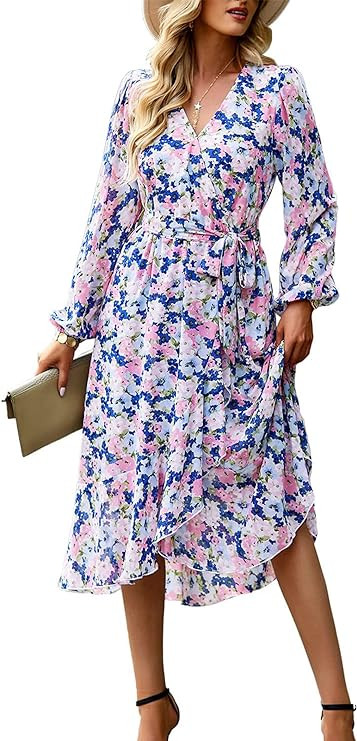PRETTYGARDEN Women's Floral Print Boho Dress Long Sleeve Wrap V Neck Ruffle Belted A-Line Flowy M... | Amazon (US)