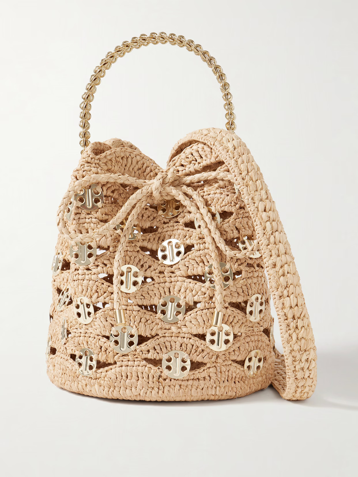 RABANNE - Chainmail-embellished Raffia Bucket Bag - Gold | NET-A-PORTER (UK & EU)