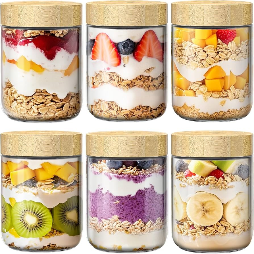 6 Pack 16oz Overnight Oats Containers with Bamboo Lids, Glass Jars with Airtight Lids for Meal Pr... | Amazon (US)