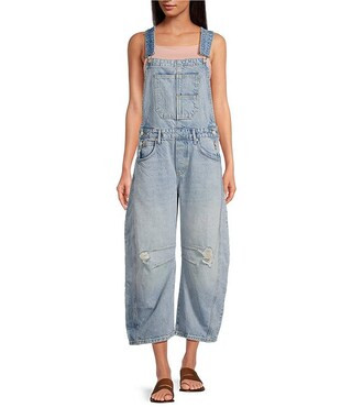 Free People We The Free Good Luck Denim Square Neck Barrel Leg Overalls | Dillard's | Dillard's