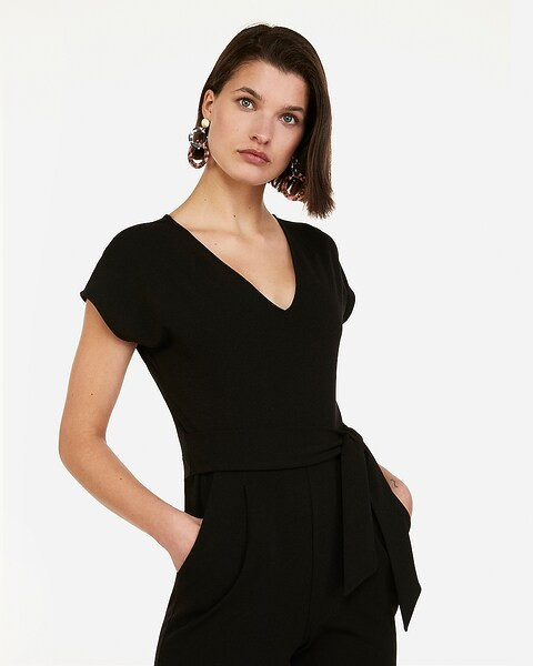 v-neck tie waist jumpsuit | Express