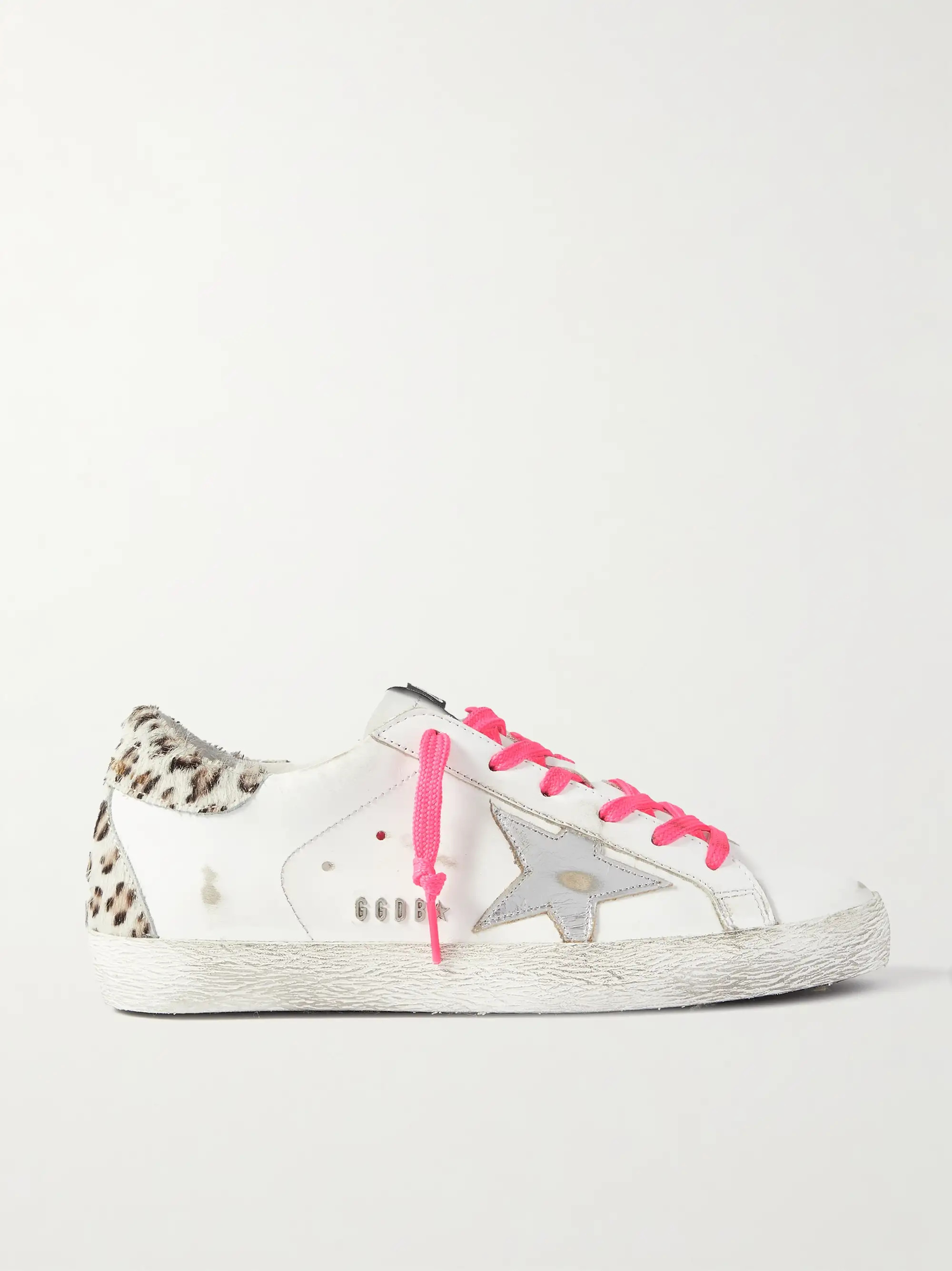 Superstar leopard-print calf hair-trimmed distressed leather sneakers | NET-A-PORTER (US)