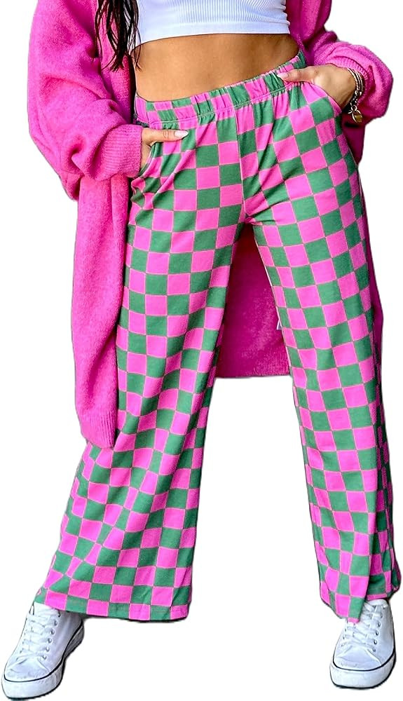 Sunloudy Womens Checkered Wide Leg Pants High Elastic Waisted Straight Loose Fitted LoungeTrouser... | Amazon (US)