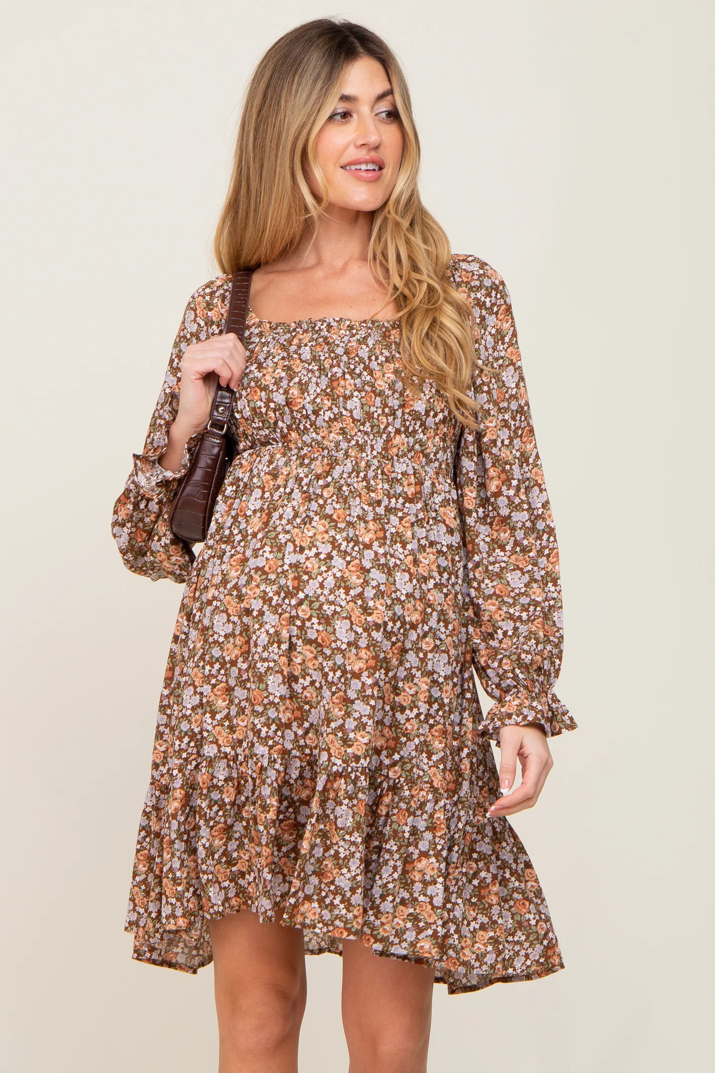 Mocha Floral Smocked Square Neck Maternity Dress | PinkBlush Maternity