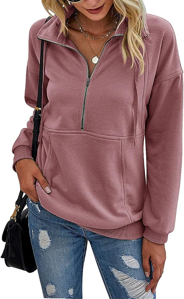 PRETTYGARDEN Women's Casual Long Sleeve Lapel Zipper Sweatshirt Drawstring Loose Pullover Tops | Amazon (US)
