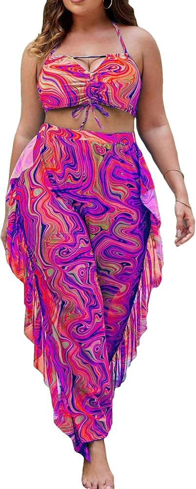 Floerns Women's Plus Size 3 Piece Bikini Set Allover Print Bikini Set with Cover Up | Amazon (US)