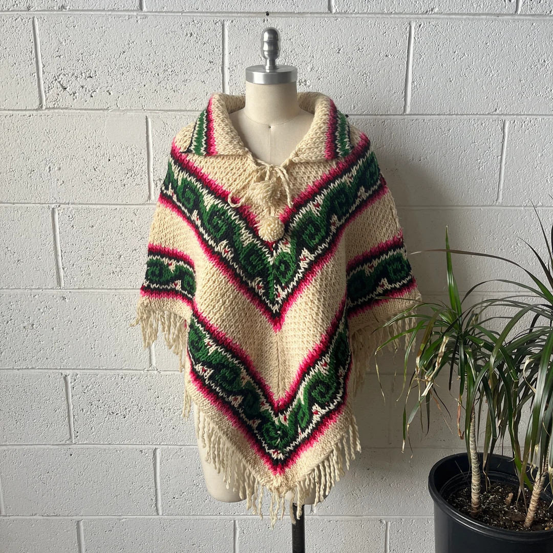 70s Vintage Cream Pink Green Patterned Wool Knit Lace up - Etsy | Etsy (US)