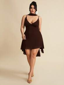 SHEIN BAE Plus Size Brown Summer Elegant Night Out Club Solid Deep V-Neck Ribbon Mini Dress,Beach... | SHEIN